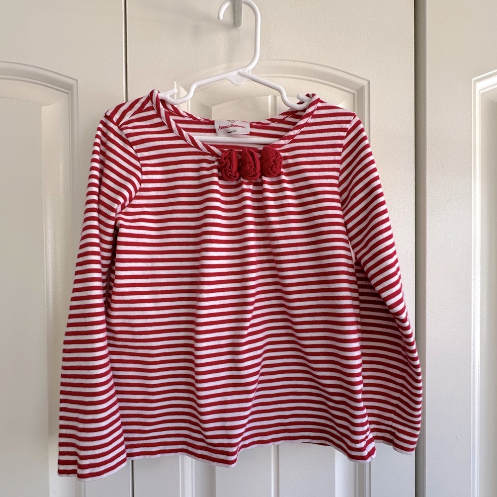 Red and white Hanna Andersson stripped top with red details. Great for fall!